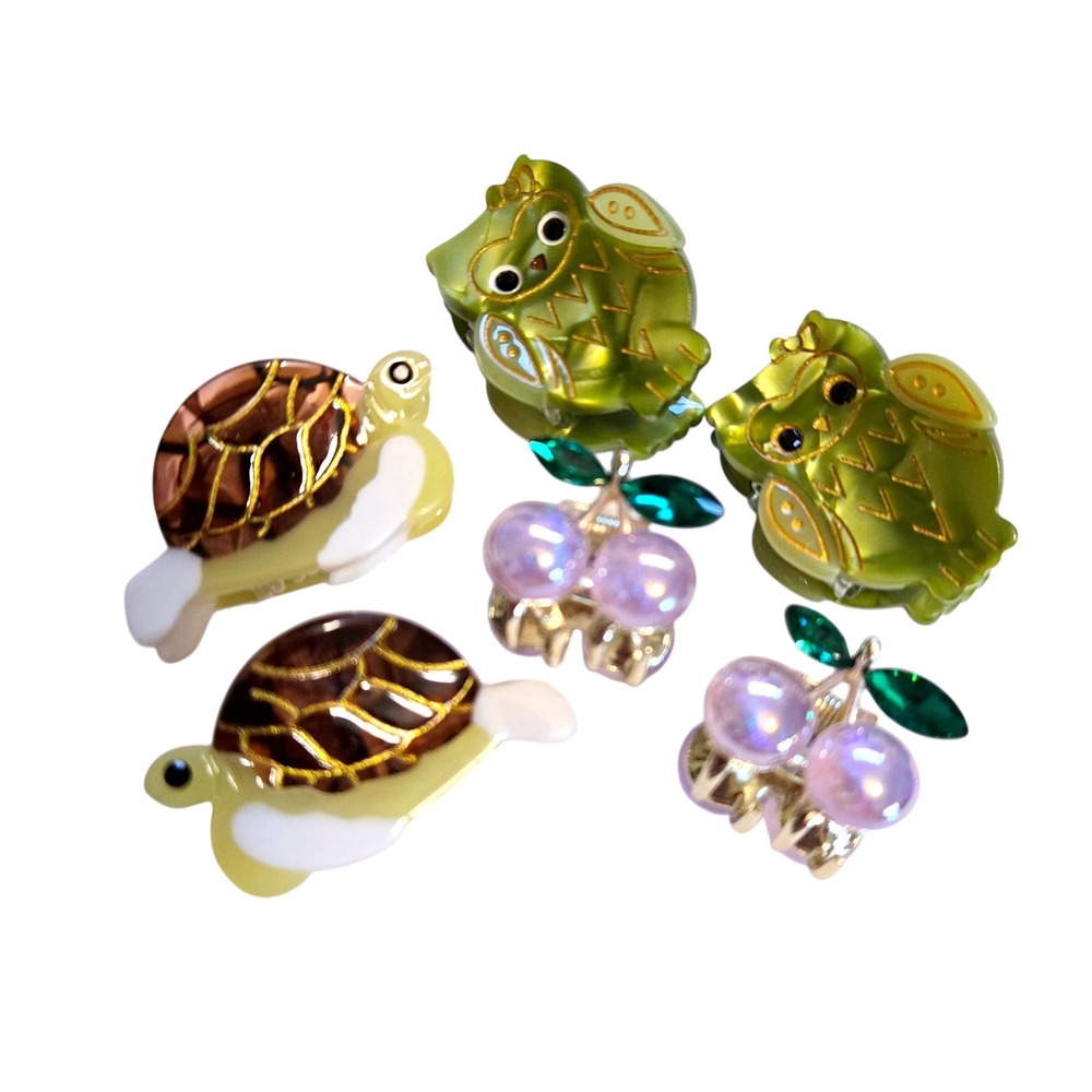 6pc Mini Hair Claw Set Owl Sea‎ Turtle Cherry Animal Fruit Kitsch Accessories